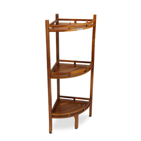 solid teak 3 tier corner shelf for organization - TeakCraftUs